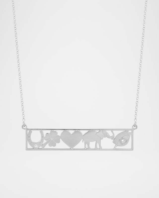 18K White Gold Diamond Good Luck Bar Necklace